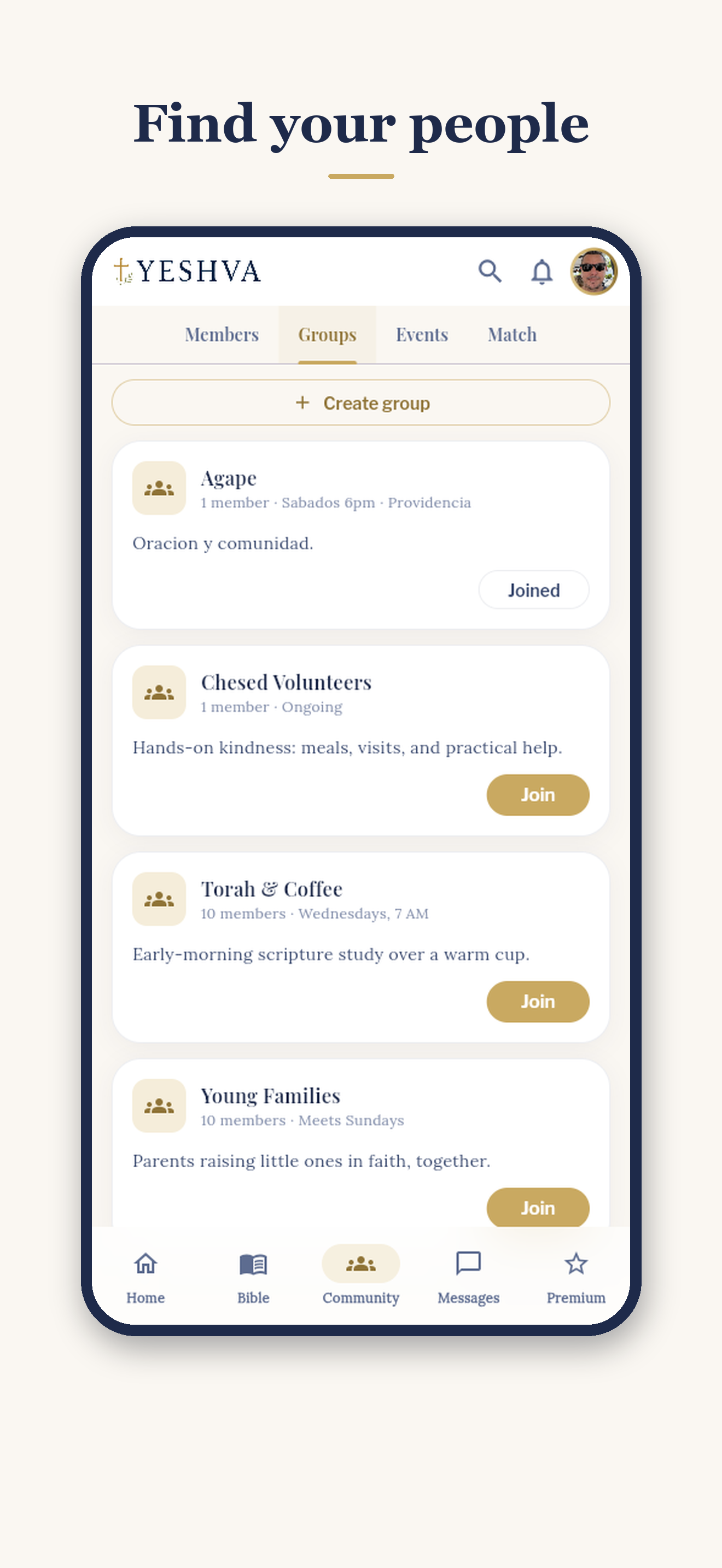 Yeshva Groups and discovery mobile app screen
